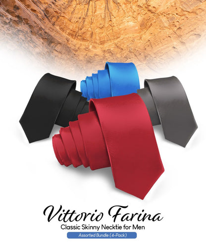 Solid Skinny Necktie (4 Packs) by Vittorio Farina - Black/Burgundy/Charcoal/Royal Blue - Wholesale Necktie by Dubal Brothers
