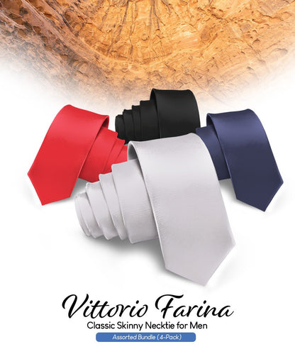 Solid Skinny Necktie (4 Packs) by Vittorio Farina - Black/Navy Blue/Red/Silver - Wholesale Necktie by Dubal Brothers