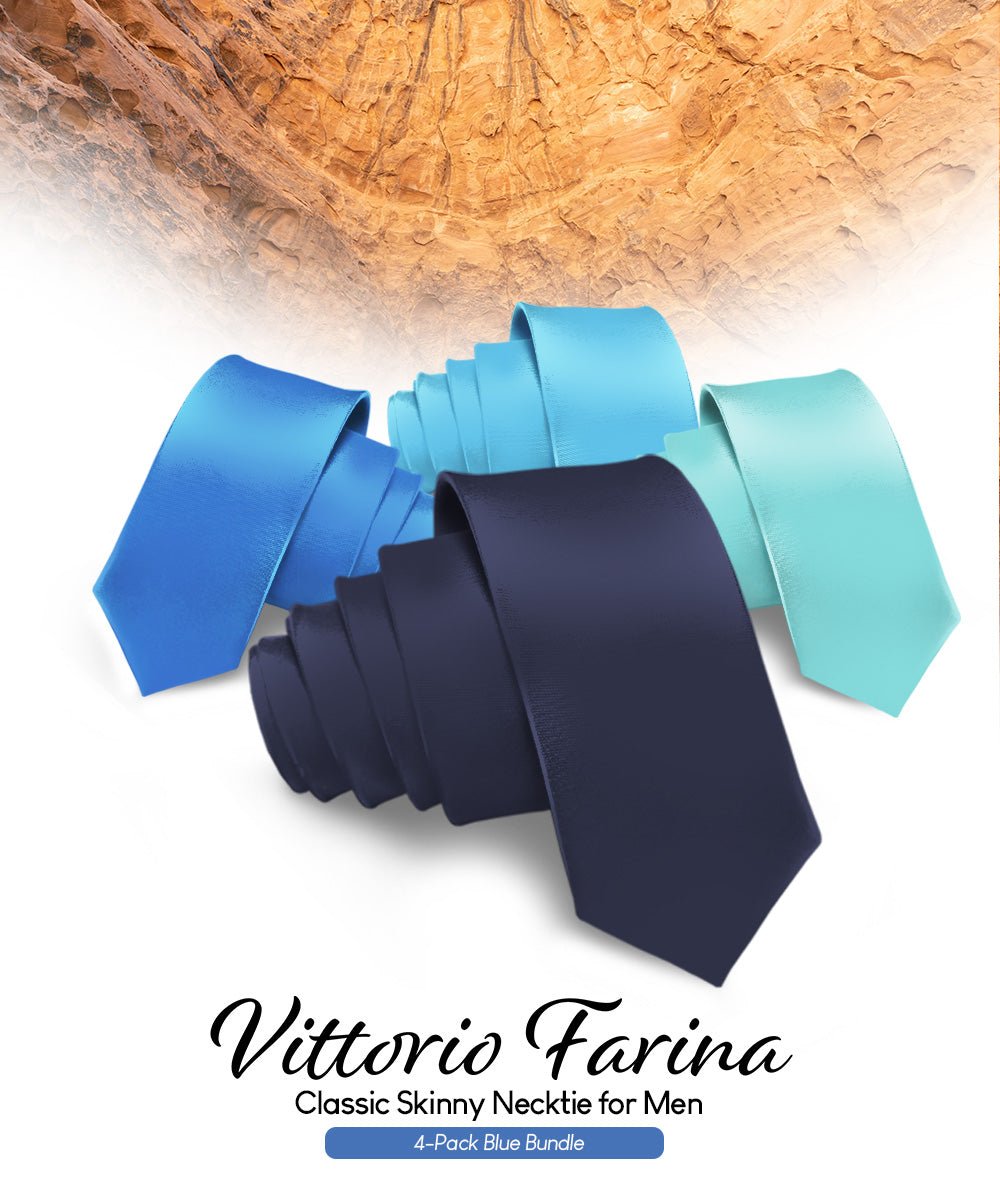 Solid Skinny Necktie (4 Packs) by Vittorio Farina - Navy Blue/Royal Blue/Aqua/Turquoise - Wholesale Necktie by Dubal Brothers