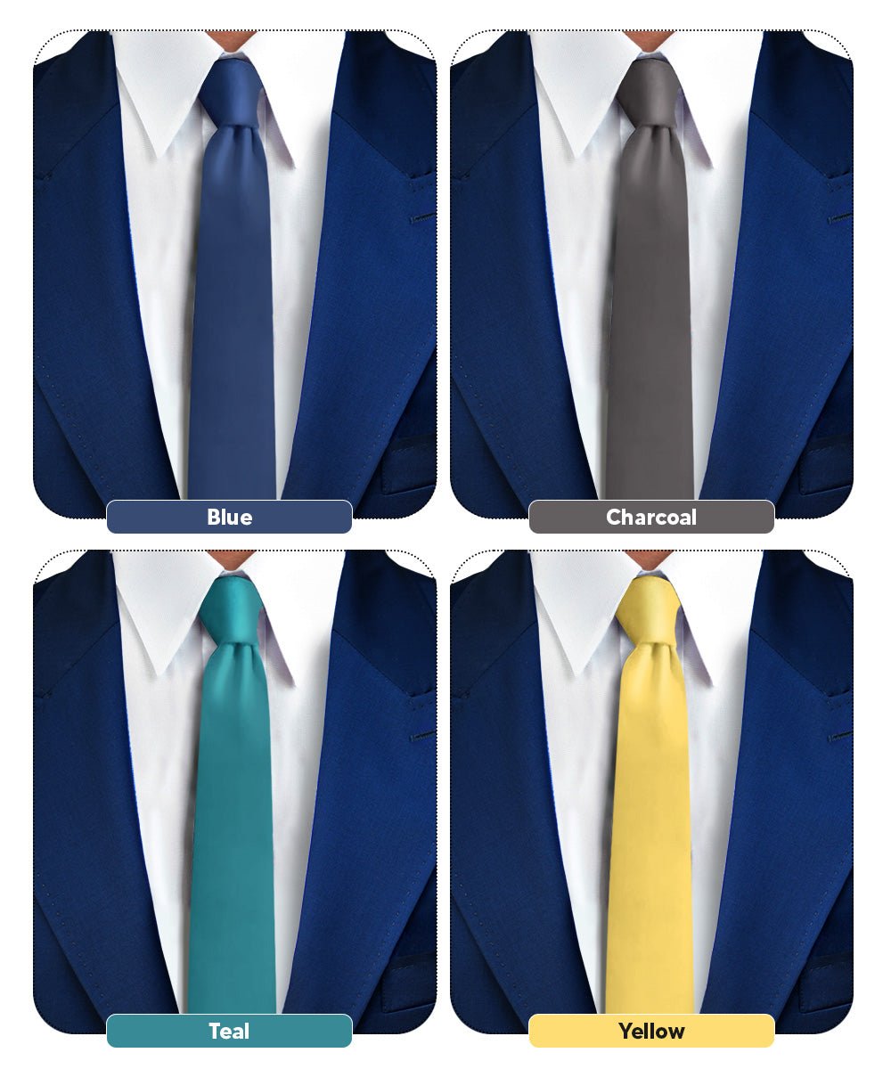 Solid Skinny Necktie (4 Packs) by Vittorio Farina - Blue/Charcoal/Teal Blue/Yellow - Wholesale Necktie by Dubal Brothers