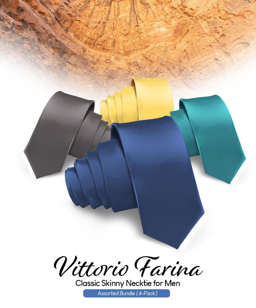 Solid Skinny Necktie (4 Packs) by Vittorio Farina - Blue/Charcoal/Teal Blue/Yellow - Wholesale Necktie by Dubal Brothers