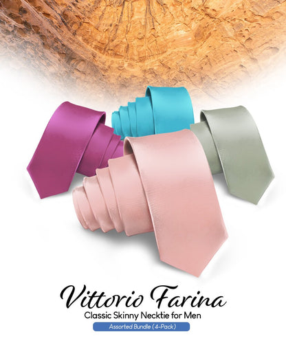 Solid Skinny Necktie (4 Packs) by Vittorio Farina - Blush/Plum/Sage Green/Turquioise - Wholesale Necktie by Dubal Brothers
