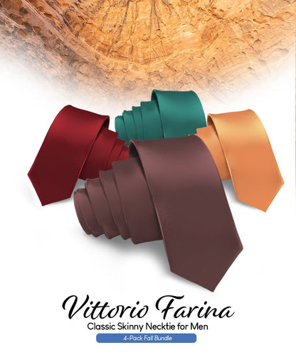 Solid Skinny Necktie (4 Packs) by Vittorio Farina - Brown/Burgundy/Burnt Orange/Hunter Green - Wholesale Necktie by Dubal Brothers