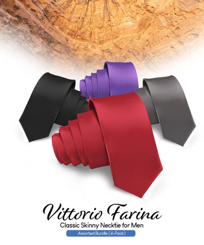 Solid Skinny Necktie (4 Packs) by Vittorio Farina - Burgundy/Charcoal/Navy Blue/Purple - Wholesale Necktie by Dubal Brothers