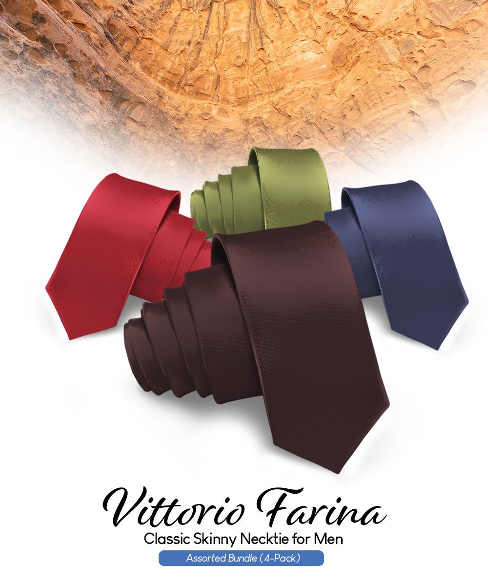 Solid Skinny Necktie (4 Packs) by Vittorio Farina - Brown/Burgundy/Navy Blue/Olive Green - Wholesale Necktie by Dubal Brothers