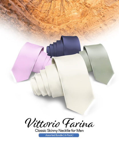 Solid Skinny Necktie (4 Packs) by Vittorio Farina - Ivory/Lavender/Navy Blue/Sage Green - Wholesale Necktie by Dubal Brothers
