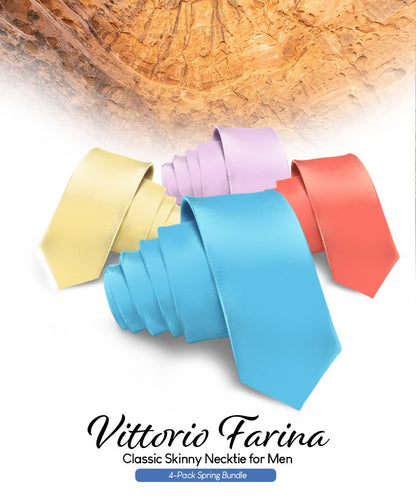 Solid Skinny Necktie (4 Packs) by Vittorio Farina - Aqua/Coral/Maize/Lavender - Wholesale Necktie by Dubal Brothers