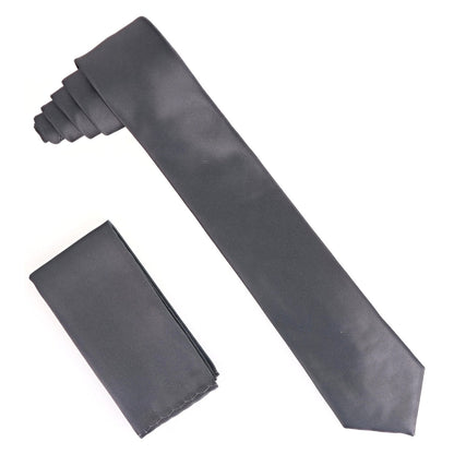 Solid Skinny Necktie & Pocket Square by Vittorio Farina (NH_SKINNY_CHARCOAL) for Independent Retail Stores by Dubal Brothers