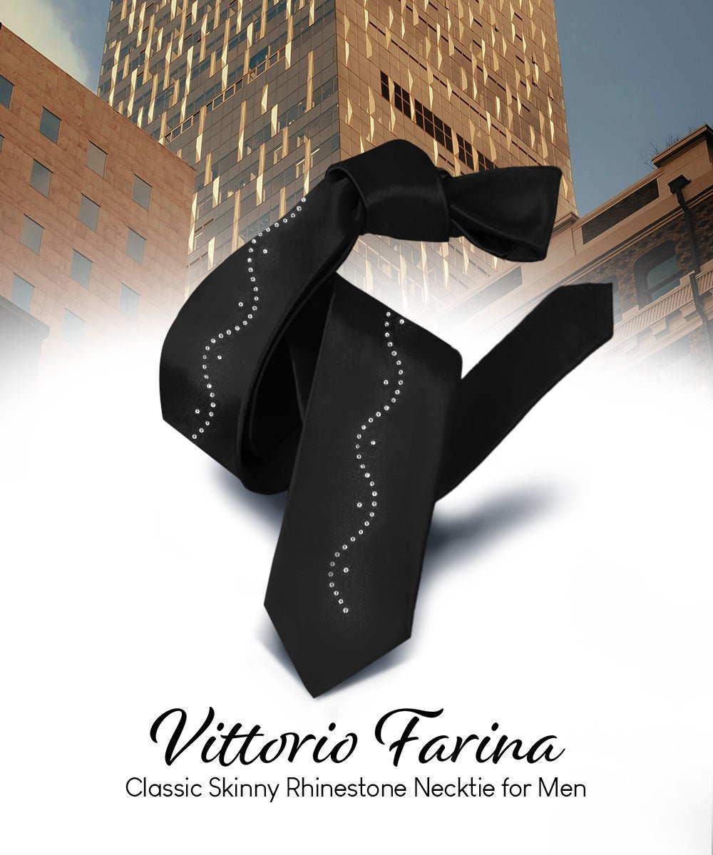 Solid Skinny Necktie with Rhinestones by Vittorio Farina (N - SKINNY - R_BLACK) for Independent Retail Stores by Dubal Brothers