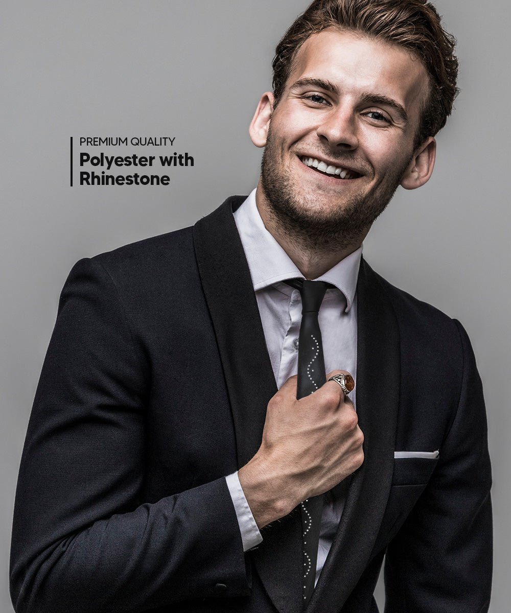 Solid Skinny Necktie with Rhinestones by Vittorio Farina (N - SKINNY - R_BLACK) for Independent Retail Stores by Dubal Brothers