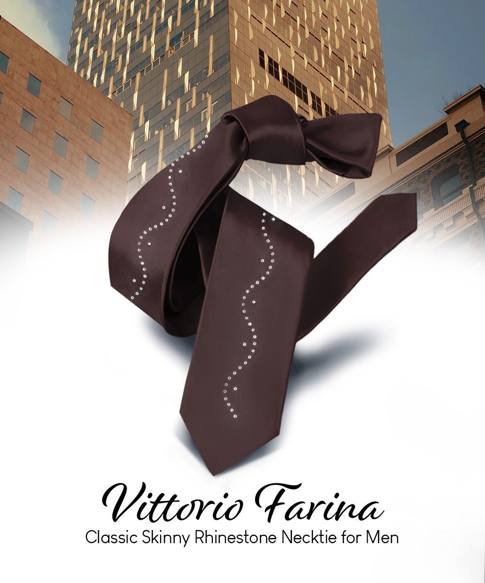 Solid Skinny Necktie with Rhinestones by Vittorio Farina (N - SKINNY - R_BROWN) for Independent Retail Stores by Dubal Brothers