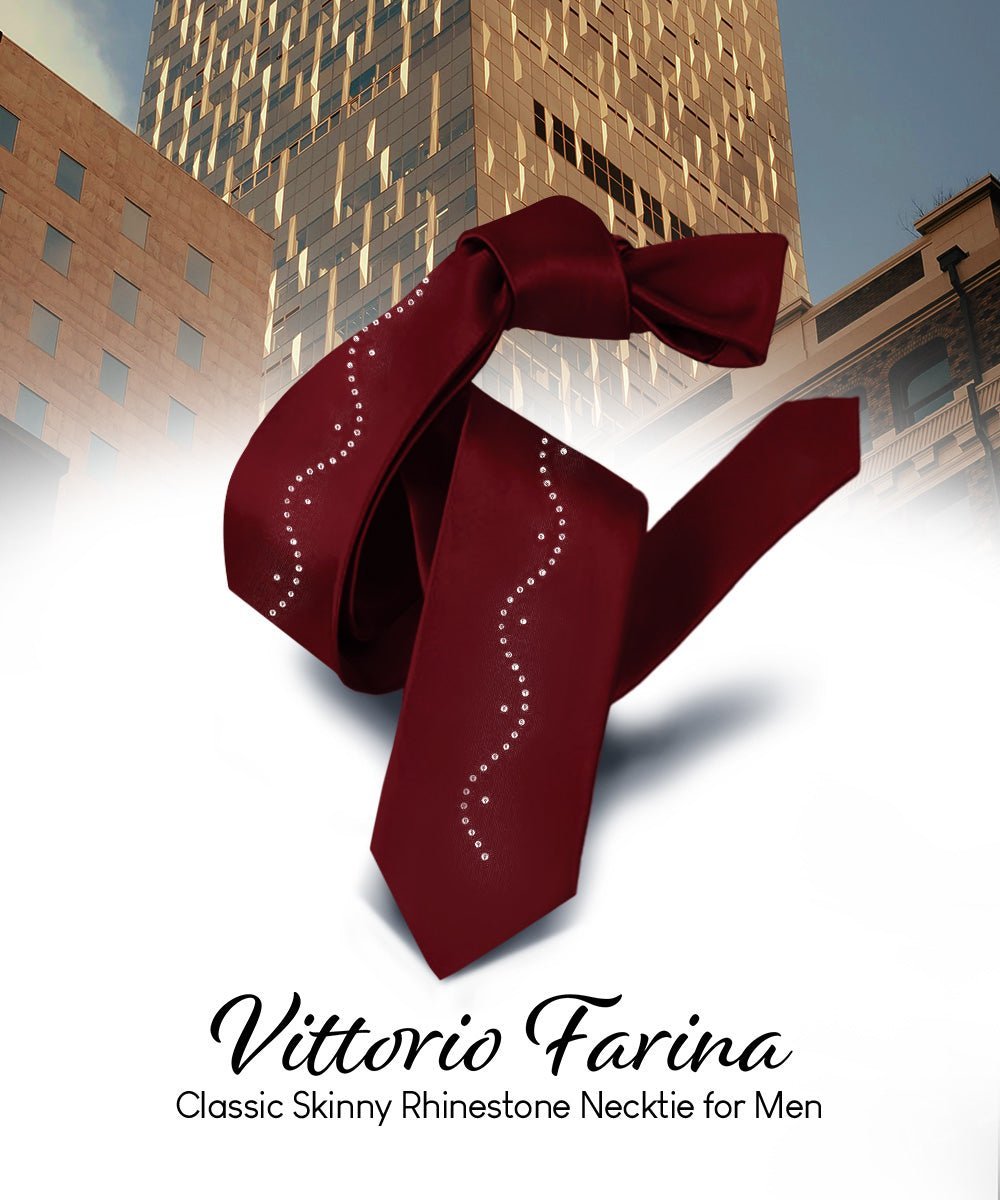Solid Skinny Necktie with Rhinestones by Vittorio Farina (N - SKINNY - R_BURGUNDY) for Independent Retail Stores by Dubal Brothers