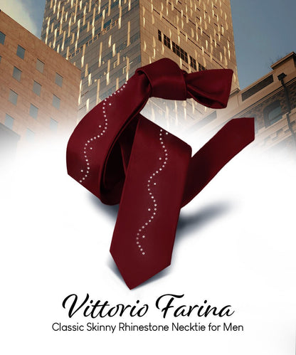 Solid Skinny Necktie with Rhinestones by Vittorio Farina (N - SKINNY - R_BURGUNDY) for Independent Retail Stores by Dubal Brothers