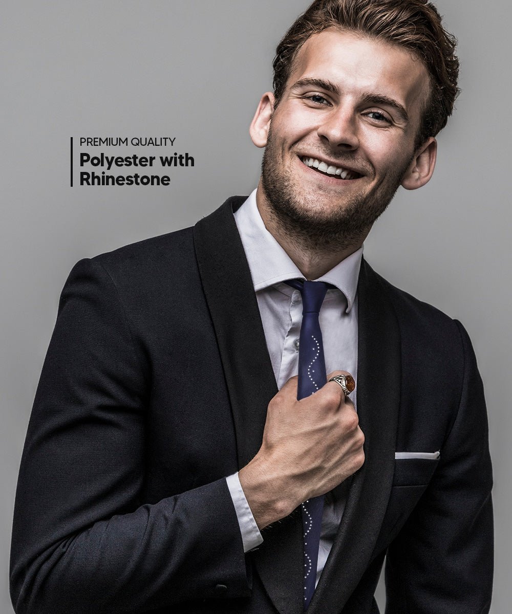 Solid Skinny Necktie with Rhinestones by Vittorio Farina (N - SKINNY - R_NAVY) for Independent Retail Stores by Dubal Brothers