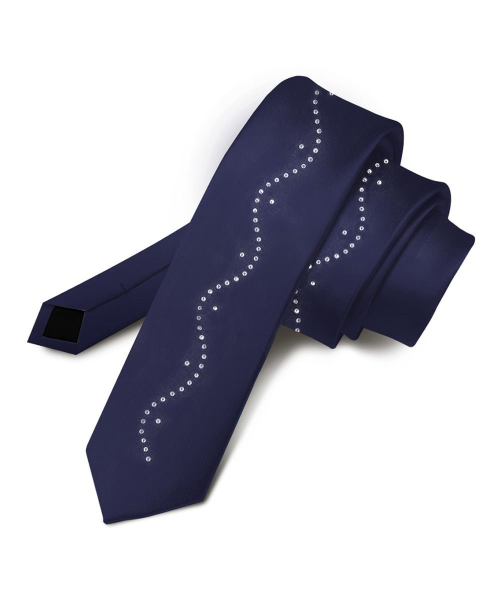 Solid Skinny Necktie with Rhinestones by Vittorio Farina (N - SKINNY - R_NAVY) for Independent Retail Stores by Dubal Brothers