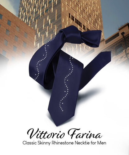 Solid Skinny Necktie with Rhinestones by Vittorio Farina (N - SKINNY - R_NAVY) for Independent Retail Stores by Dubal Brothers