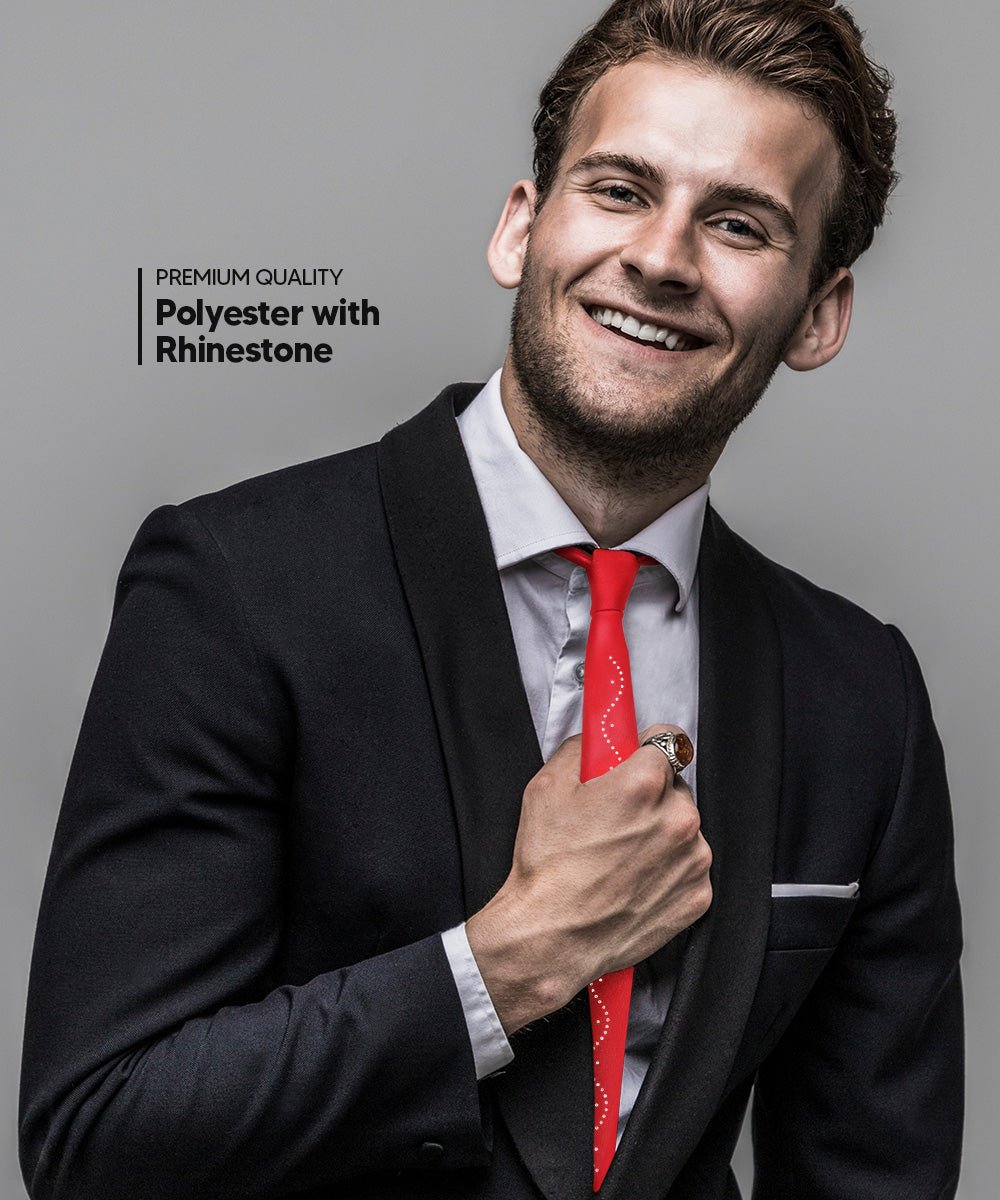 Solid Skinny Necktie with Rhinestones by Vittorio Farina (N - SKINNY - R_RED) for Independent Retail Stores by Dubal Brothers