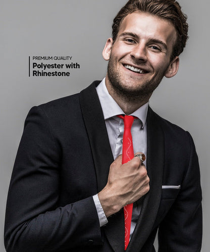 Solid Skinny Necktie with Rhinestones by Vittorio Farina (N - SKINNY - R_RED) for Independent Retail Stores by Dubal Brothers