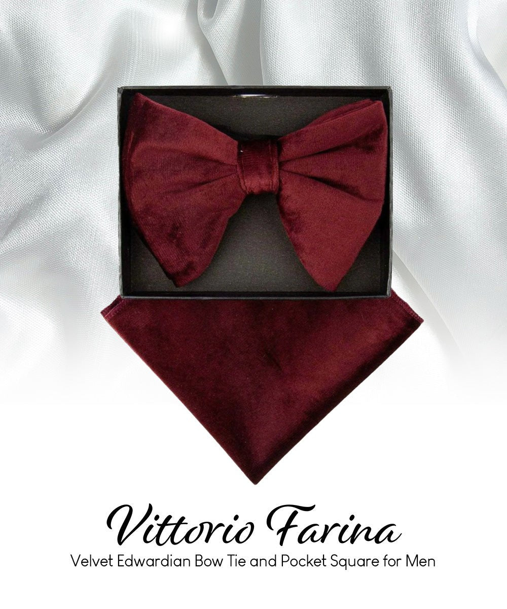 Solid Velvet Edwardian Bow Tie & Pocket Square in a Box by Vittorio Farina (vtb - 005) for Independent Retail Stores by Dubal Brothers