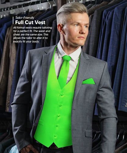 Solid Vest Set with Black Back (Vest, Bow Tie, Necktie and Pocket Square) by Vittorio Farina: Lime, Mustard, Orange, Purple, Red, Rose Gold and Navy Blue (vest_plain_BB_lime_XS) for Independent Retail Stores by Dubal Brothers