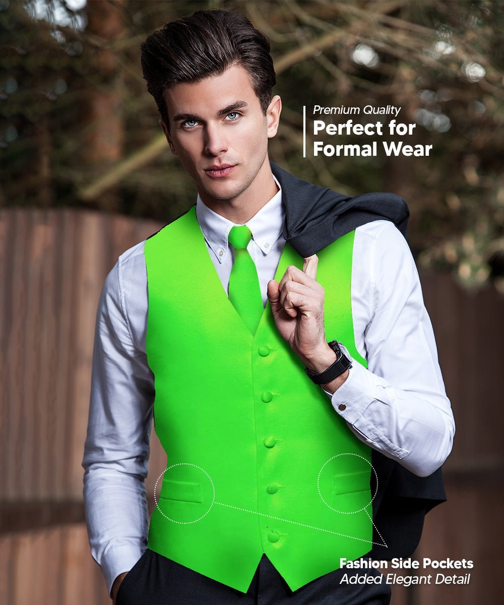 Solid Vest Set with Black Back (Vest, Bow Tie, Necktie and Pocket Square) by Vittorio Farina: Lime, Mustard, Orange, Purple, Red, Rose Gold and Navy Blue (vest_plain_BB_lime_XS) for Independent Retail Stores by Dubal Brothers