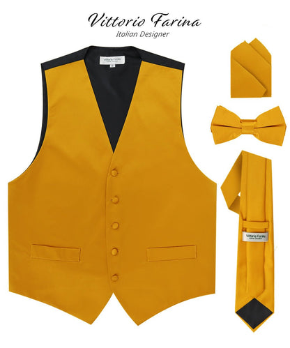 Solid Vest Set with Black Back (Vest, Bow Tie, Necktie and Pocket Square) by Vittorio Farina: Lime, Mustard, Orange, Purple, Red, Rose Gold and Navy Blue (vest_plain_BB_mustard_XS) for Independent Retail Stores by Dubal Brothers