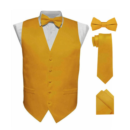 Solid Vest Set with Black Back (Vest, Bow Tie, Necktie and Pocket Square) by Vittorio Farina: Lime, Mustard, Orange, Purple, Red, Rose Gold and Navy Blue (vest_plain_BB_mustard_XS) for Independent Retail Stores by Dubal Brothers