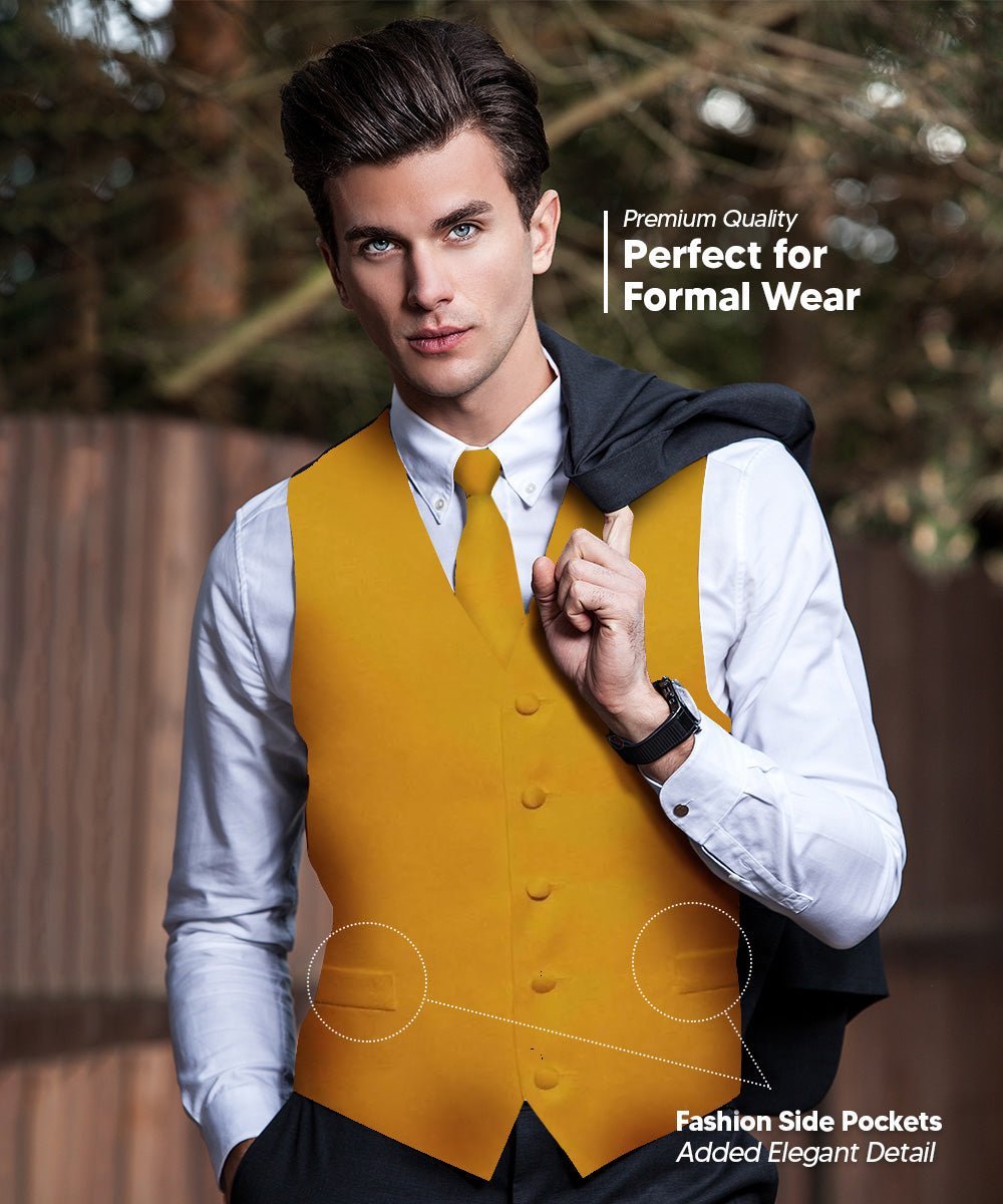 Solid Vest Set with Black Back (Vest, Bow Tie, Necktie and Pocket Square) by Vittorio Farina: Lime, Mustard, Orange, Purple, Red, Rose Gold and Navy Blue (vest_plain_BB_mustard_XS) for Independent Retail Stores by Dubal Brothers