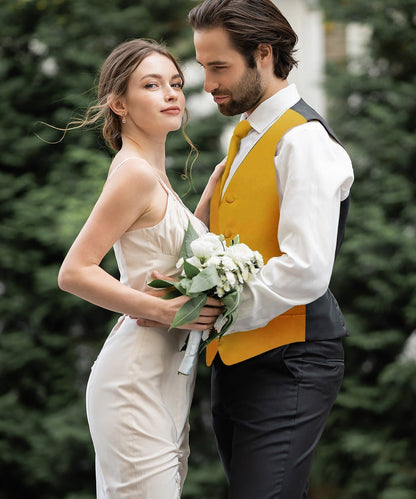 Solid Vest Set with Black Back (Vest, Bow Tie, Necktie and Pocket Square) by Vittorio Farina: Lime, Mustard, Orange, Purple, Red, Rose Gold and Navy Blue (vest_plain_BB_mustard_XS) for Independent Retail Stores by Dubal Brothers