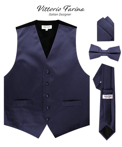 Solid Vest Set with Black Back (Vest, Bow Tie, Necktie and Pocket Square) by Vittorio Farina: Lime, Mustard, Orange, Purple, Red, Rose Gold and Navy Blue (vest_plain_BB_navy_XS) for Independent Retail Stores by Dubal Brothers