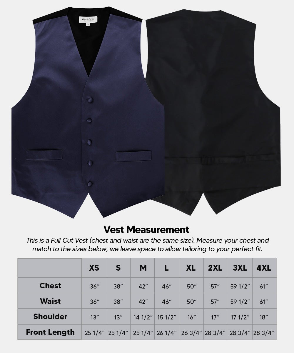 Solid Vest Set with Black Back (Vest, Bow Tie, Necktie and Pocket Square) by Vittorio Farina: Lime, Mustard, Orange, Purple, Red, Rose Gold and Navy Blue (vest_plain_BB_navy_XS) for Independent Retail Stores by Dubal Brothers