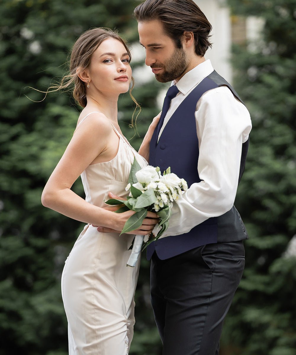 Solid Vest Set with Black Back (Vest, Bow Tie, Necktie and Pocket Square) by Vittorio Farina: Lime, Mustard, Orange, Purple, Red, Rose Gold and Navy Blue (vest_plain_BB_navy_XS) for Independent Retail Stores by Dubal Brothers