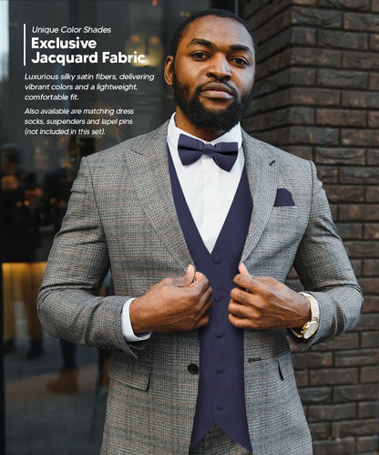 Solid Vest Set with Black Back (Vest, Bow Tie, Necktie and Pocket Square) by Vittorio Farina: Lime, Mustard, Orange, Purple, Red, Rose Gold and Navy Blue (vest_plain_BB_navy_XS) for Independent Retail Stores by Dubal Brothers