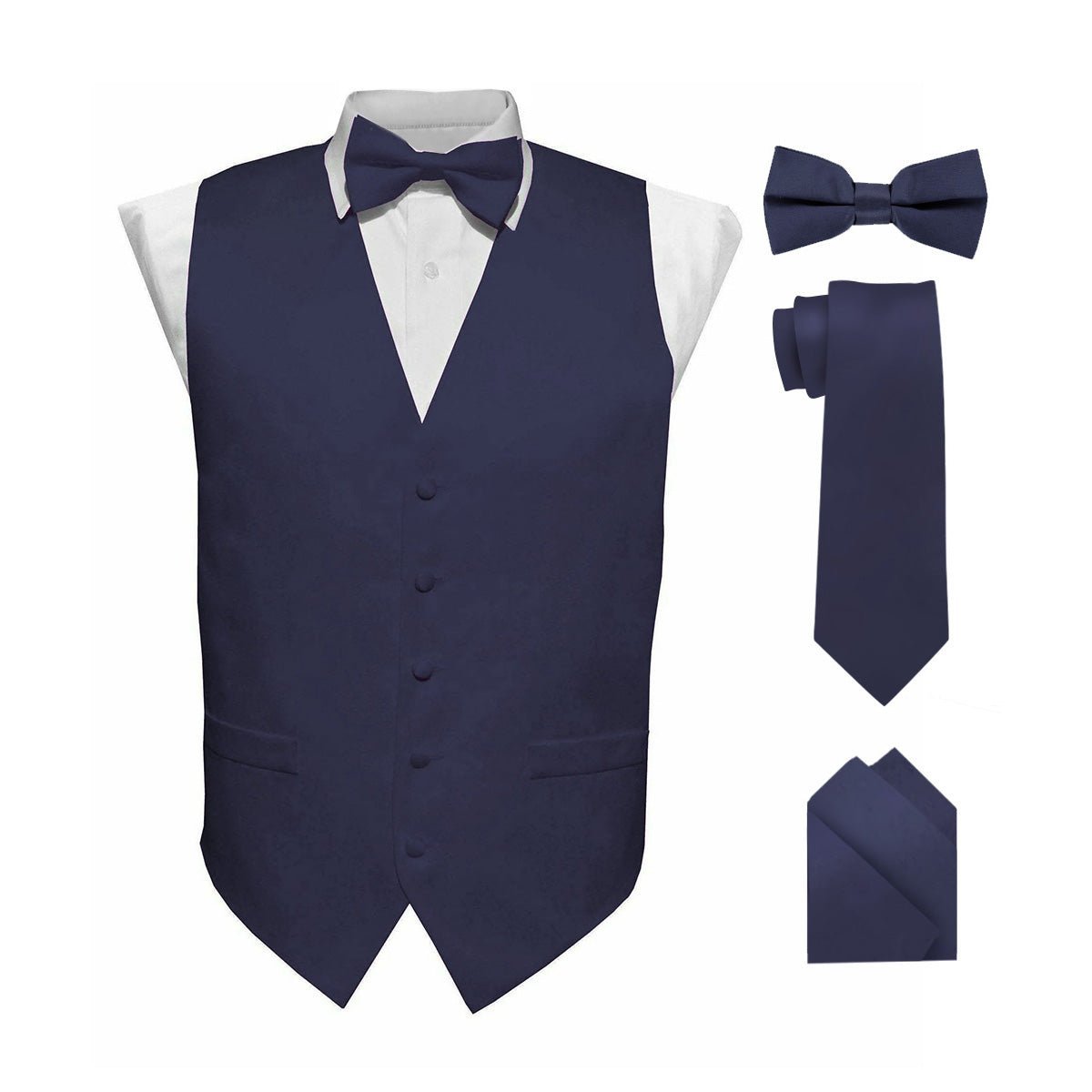 Solid Vest Set with Black Back (Vest, Bow Tie, Necktie and Pocket Square) by Vittorio Farina: Lime, Mustard, Orange, Purple, Red, Rose Gold and Navy Blue (vest_plain_BB_navy_XS) for Independent Retail Stores by Dubal Brothers