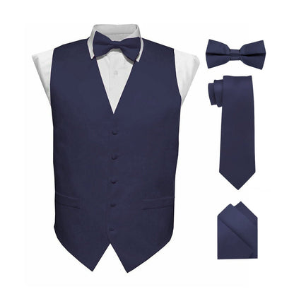 Solid Vest Set with Black Back (Vest, Bow Tie, Necktie and Pocket Square) by Vittorio Farina: Lime, Mustard, Orange, Purple, Red, Rose Gold and Navy Blue (vest_plain_BB_navy_XS) for Independent Retail Stores by Dubal Brothers