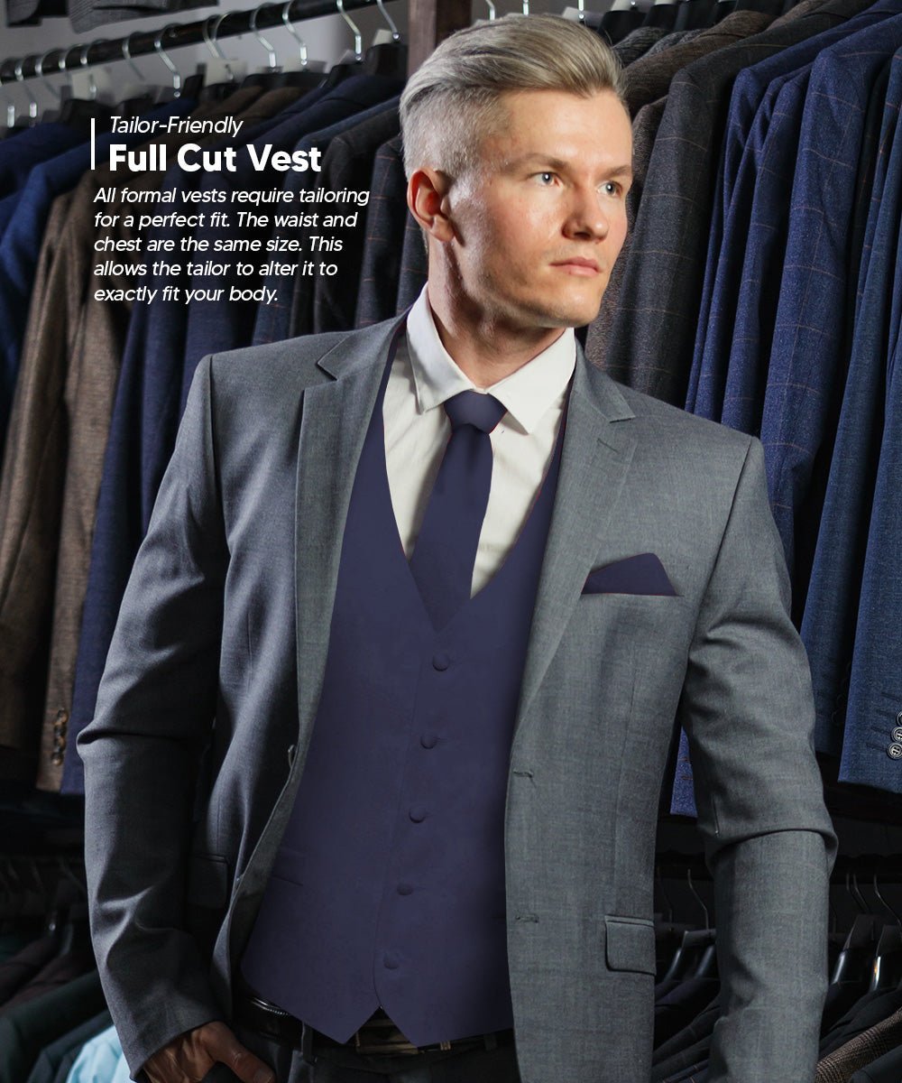 Solid Vest Set with Black Back (Vest, Bow Tie, Necktie and Pocket Square) by Vittorio Farina: Lime, Mustard, Orange, Purple, Red, Rose Gold and Navy Blue (vest_plain_BB_navy_XS) for Independent Retail Stores by Dubal Brothers