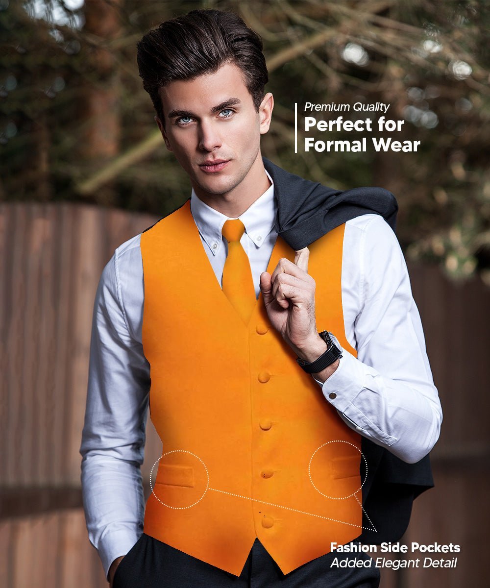 Solid Vest Set with Black Back (Vest, Bow Tie, Necktie and Pocket Square) by Vittorio Farina: Lime, Mustard, Orange, Purple, Red, Rose Gold and Navy Blue (vest_plain_BB_orange_XS) for Independent Retail Stores by Dubal Brothers