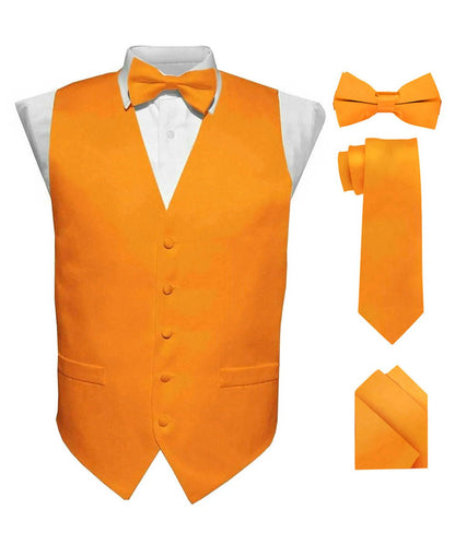 Solid Vest Set with Black Back (Vest, Bow Tie, Necktie and Pocket Square) by Vittorio Farina: Lime, Mustard, Orange, Purple, Red, Rose Gold and Navy Blue (vest_plain_BB_orange_XS) for Independent Retail Stores by Dubal Brothers