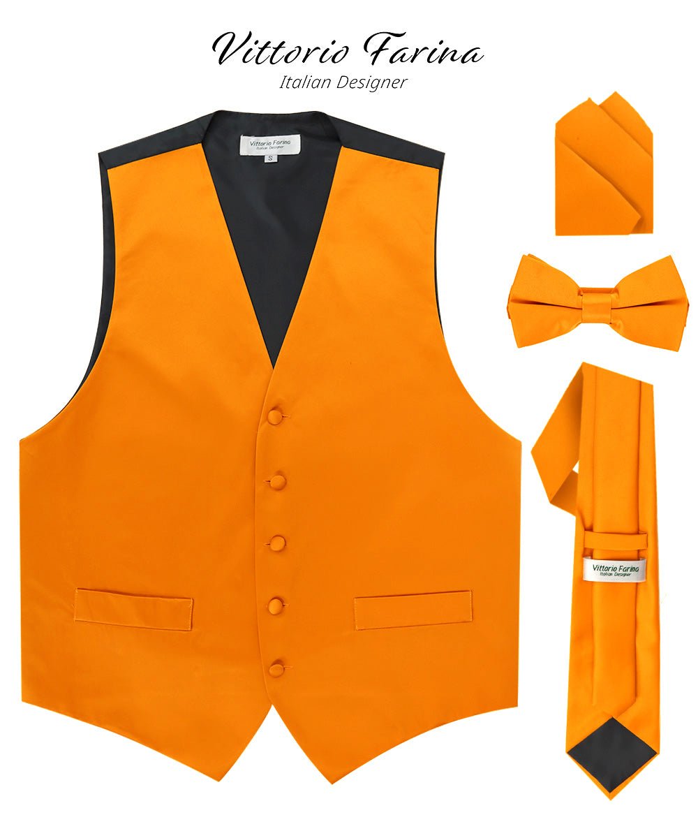 Solid Vest Set with Black Back (Vest, Bow Tie, Necktie and Pocket Square) by Vittorio Farina: Lime, Mustard, Orange, Purple, Red, Rose Gold and Navy Blue (vest_plain_BB_orange_XS) for Independent Retail Stores by Dubal Brothers