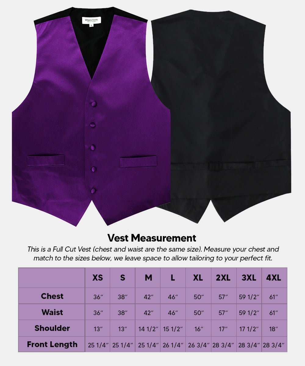 Solid Vest Set with Black Back (Vest, Bow Tie, Necktie and Pocket Square) by Vittorio Farina: Lime, Mustard, Orange, Purple, Red, Rose Gold and Navy Blue (vest_plain_BB_purple_XS) for Independent Retail Stores by Dubal Brothers