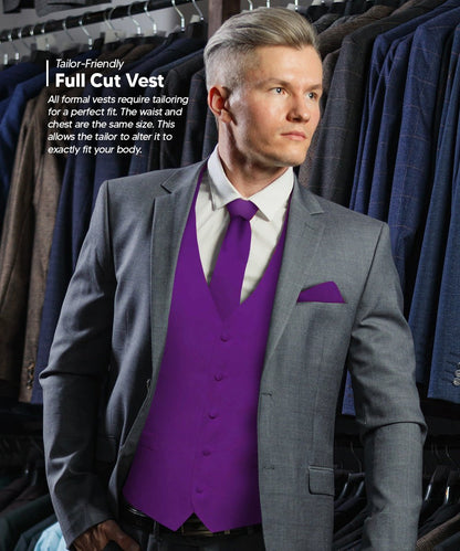 Solid Vest Set with Black Back (Vest, Bow Tie, Necktie and Pocket Square) by Vittorio Farina: Lime, Mustard, Orange, Purple, Red, Rose Gold and Navy Blue (vest_plain_BB_purple_XS) for Independent Retail Stores by Dubal Brothers