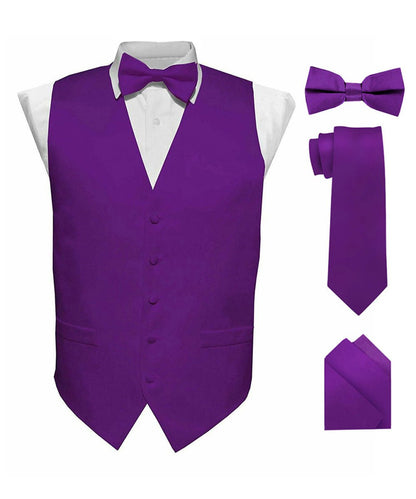 Solid Vest Set with Black Back (Vest, Bow Tie, Necktie and Pocket Square) by Vittorio Farina: Lime, Mustard, Orange, Purple, Red, Rose Gold and Navy Blue (vest_plain_BB_purple_XS) for Independent Retail Stores by Dubal Brothers
