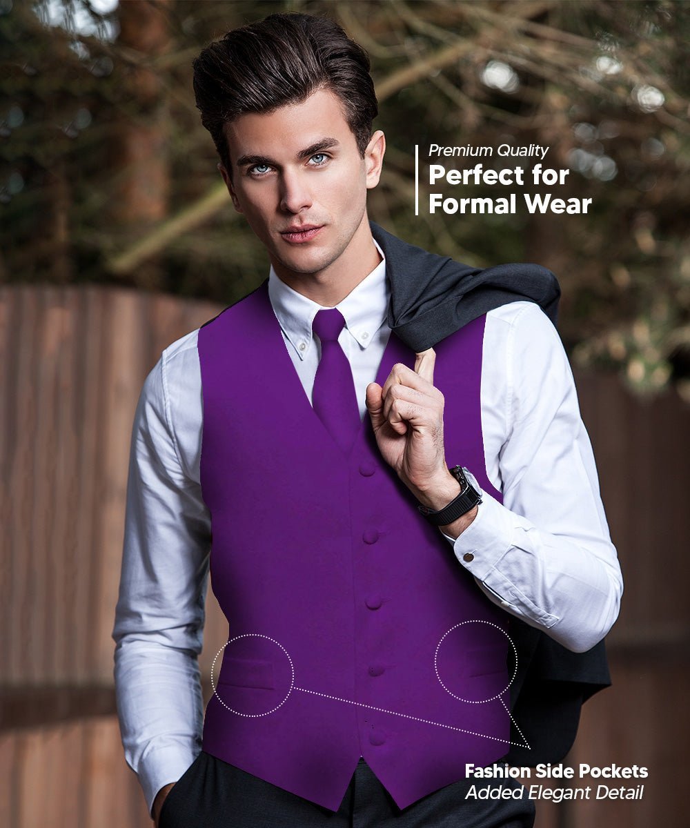 Solid Vest Set with Black Back (Vest, Bow Tie, Necktie and Pocket Square) by Vittorio Farina: Lime, Mustard, Orange, Purple, Red, Rose Gold and Navy Blue (vest_plain_BB_purple_XS) for Independent Retail Stores by Dubal Brothers