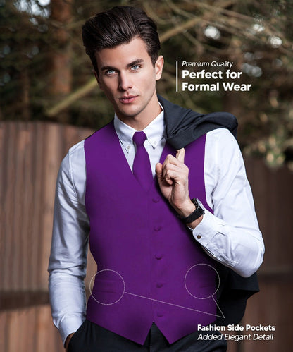 Solid Vest Set with Black Back (Vest, Bow Tie, Necktie and Pocket Square) by Vittorio Farina: Lime, Mustard, Orange, Purple, Red, Rose Gold and Navy Blue (vest_plain_BB_purple_XS) for Independent Retail Stores by Dubal Brothers