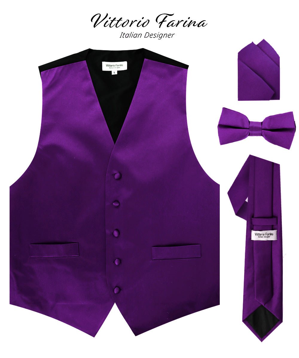 Solid Vest Set with Black Back (Vest, Bow Tie, Necktie and Pocket Square) by Vittorio Farina: Lime, Mustard, Orange, Purple, Red, Rose Gold and Navy Blue (vest_plain_BB_purple_XS) for Independent Retail Stores by Dubal Brothers