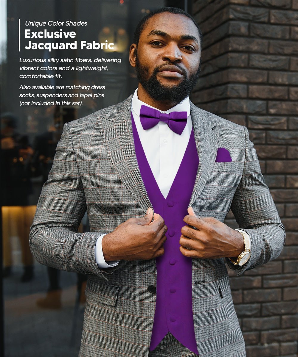 Solid Vest Set with Black Back (Vest, Bow Tie, Necktie and Pocket Square) by Vittorio Farina: Lime, Mustard, Orange, Purple, Red, Rose Gold and Navy Blue (vest_plain_BB_purple_XS) for Independent Retail Stores by Dubal Brothers