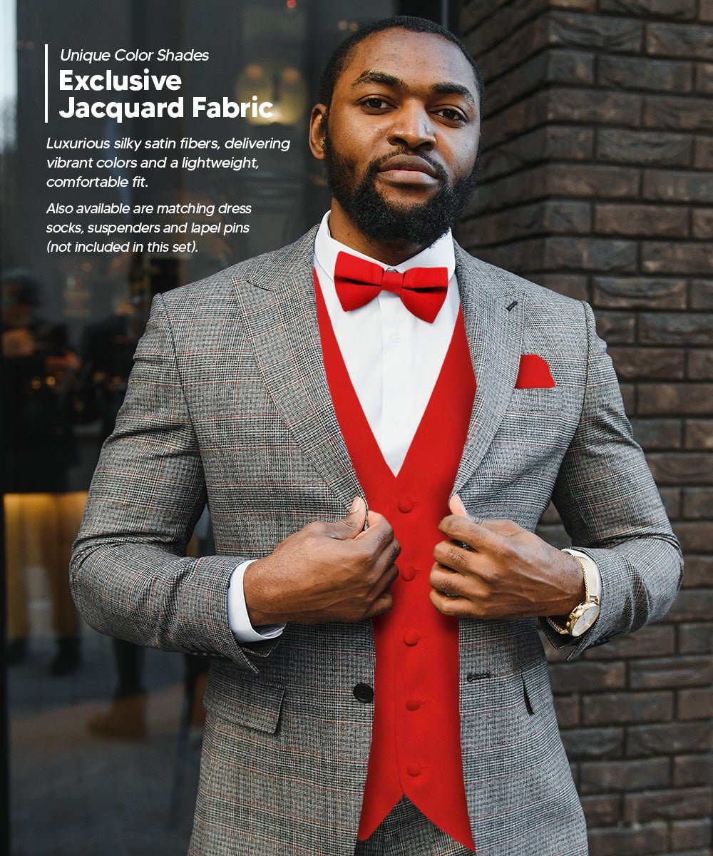 Solid Vest Set with Black Back (Vest, Bow Tie, Necktie and Pocket Square) by Vittorio Farina: Lime, Mustard, Orange, Purple, Red, Rose Gold and Navy Blue (vest_plain_BB_red_XS) for Independent Retail Stores by Dubal Brothers