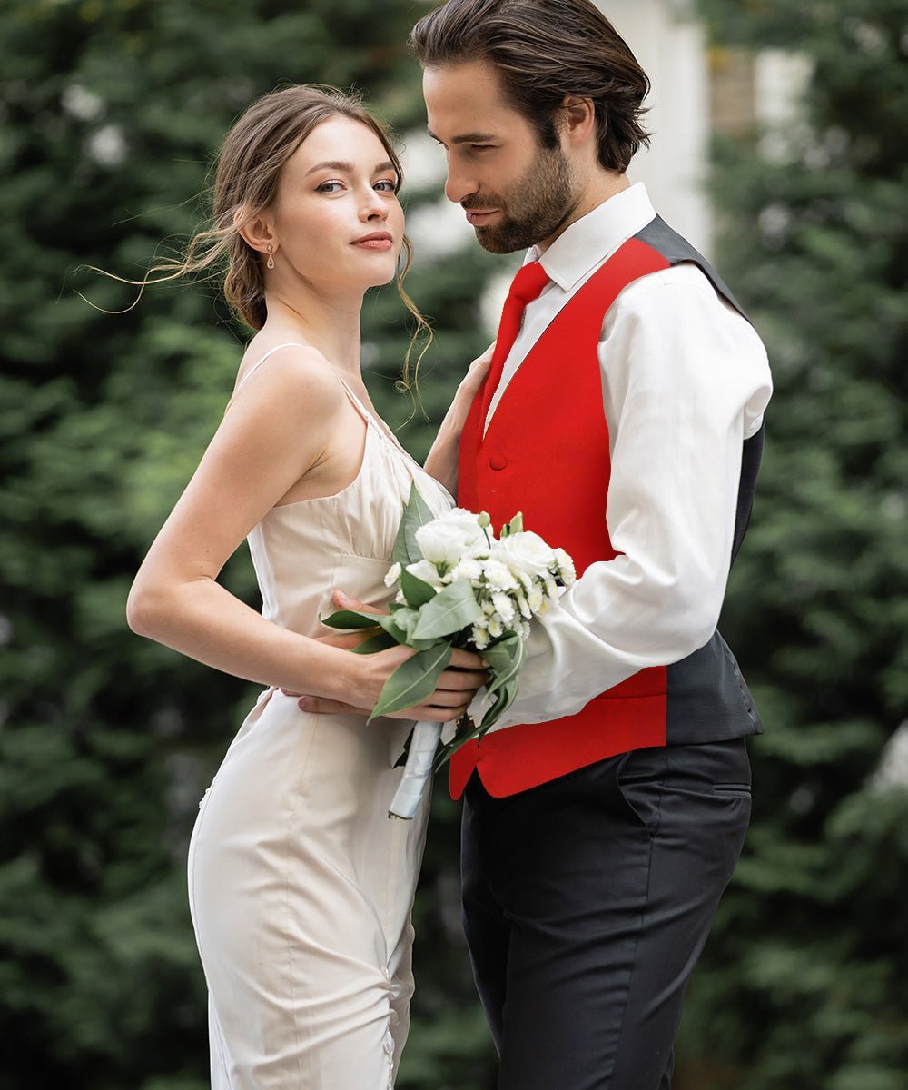 Solid Vest Set with Black Back (Vest, Bow Tie, Necktie and Pocket Square) by Vittorio Farina: Lime, Mustard, Orange, Purple, Red, Rose Gold and Navy Blue (vest_plain_BB_red_XS) for Independent Retail Stores by Dubal Brothers