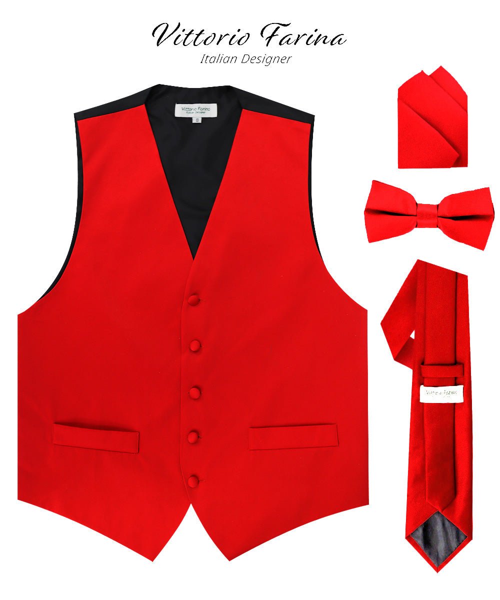 Solid Vest Set with Black Back (Vest, Bow Tie, Necktie and Pocket Square) by Vittorio Farina: Lime, Mustard, Orange, Purple, Red, Rose Gold and Navy Blue (vest_plain_BB_red_XS) for Independent Retail Stores by Dubal Brothers