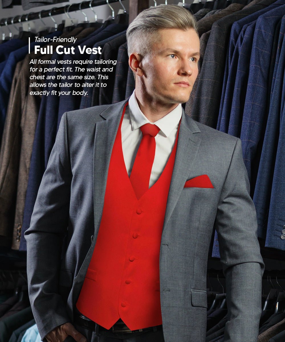 Solid Vest Set with Black Back (Vest, Bow Tie, Necktie and Pocket Square) by Vittorio Farina: Lime, Mustard, Orange, Purple, Red, Rose Gold and Navy Blue (vest_plain_BB_red_XS) for Independent Retail Stores by Dubal Brothers